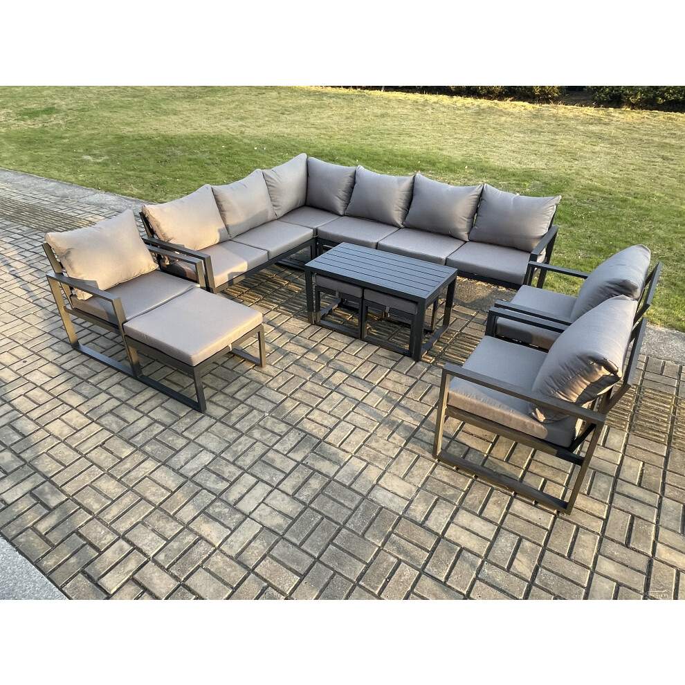 Aluminum 12 Seater Outdoor Lounge Corner Sofa Set Garden Furniture Sets with Oblong Coffee Table 3 Chairs 3 Footstools Dark Grey