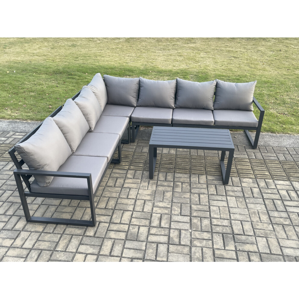 Fimous Aluminium Patio Outdoor Garden Furniture Lounge Corner Sofa Set with Oblong Coffee Table Dark Grey