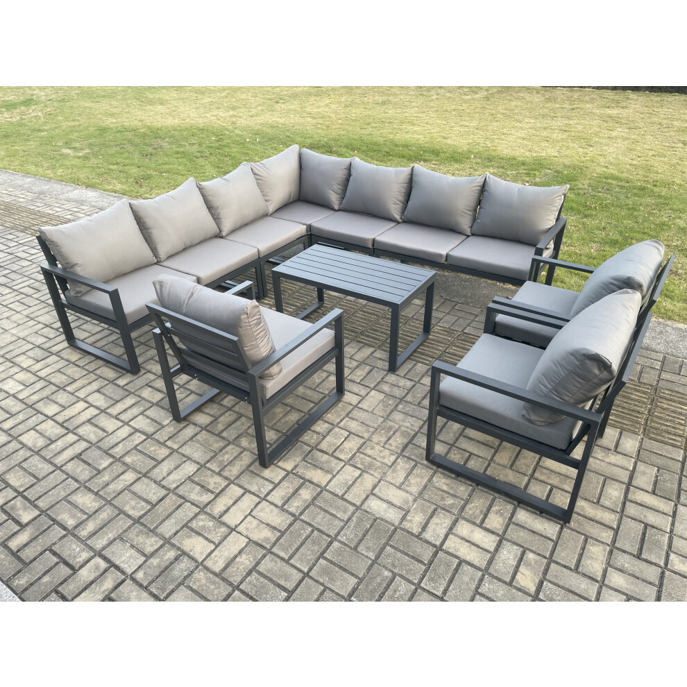 Fimous Unisex Dark Grey Aluminium Patio Outdoor Garden Furniture Lounge Corner Sofa Set With Oblong Coffee Table Chairs Size 3 - Image 2