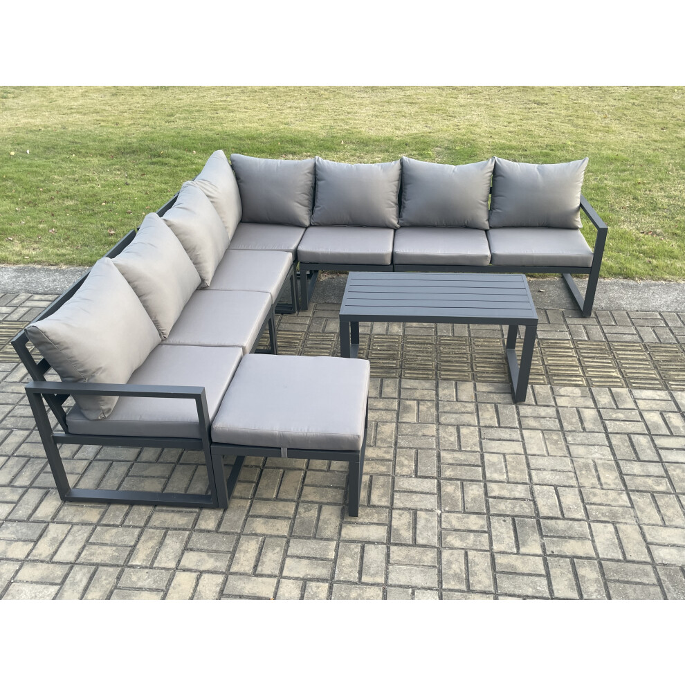 Fimous Dark/Grey Aluminium Patio Outdoor Garden Furniture Lounge Corner Sofa Set With Oblong Coffee Table Big Footstool - Image 2