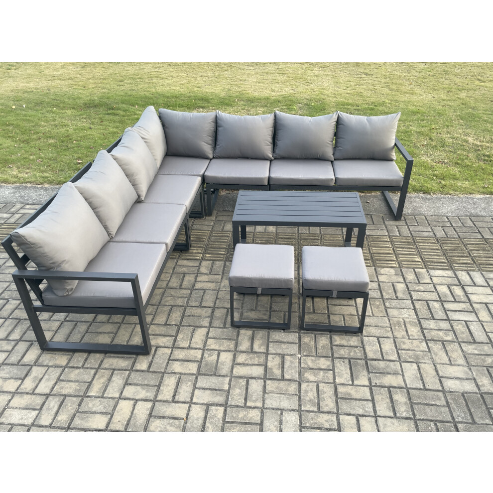B&Q - Aluminium Patio Outdoor Garden Furniture Lounge Corner Sofa Set With Oblong Coffee Table 2 Small Footstools - Image 3