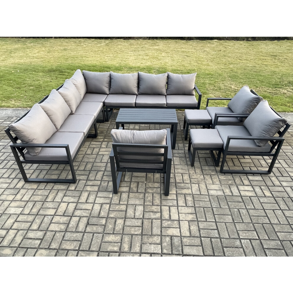 Fimous Unisex Dark Grey Aluminium Outdoor Garden Furniture Set Lounge Corner Sofa 3 Pcs Chair Oblong Coffee Table Sets With 2 Footstools Small - Image 3