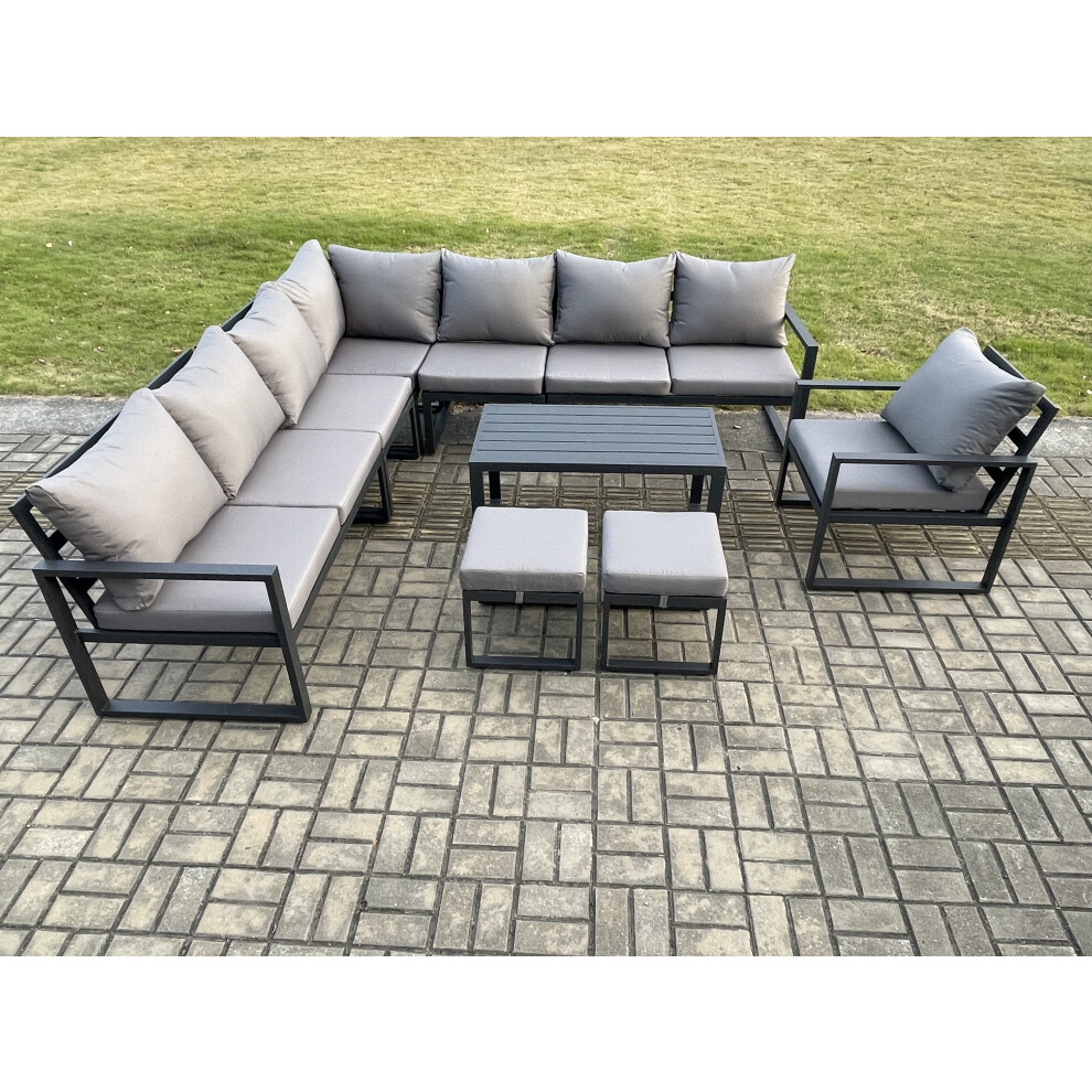Fimous Aluminium Outdoor Garden Furniture Set Lounge Corner Sofa Chair Oblong Coffee Table Sets with 2 Small Footstools Dark Grey