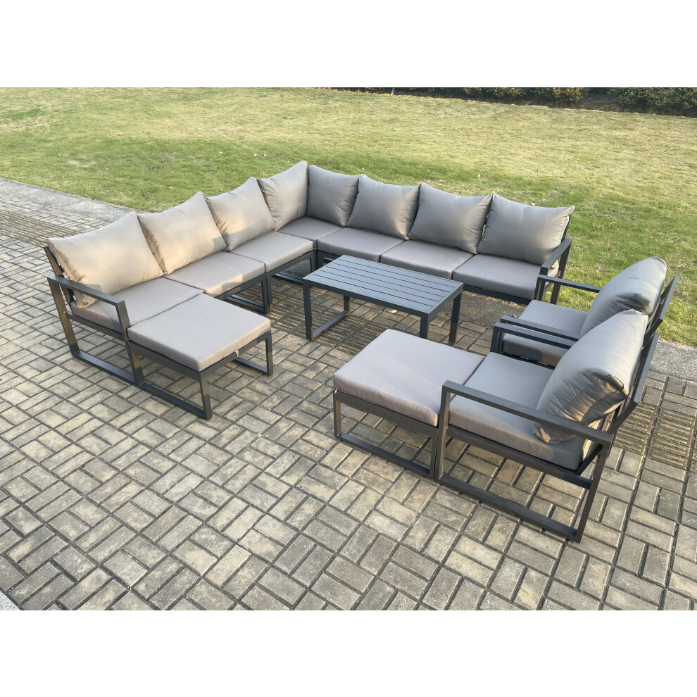 Fimous Aluminium Outdoor Garden Furniture Set Lounge Corner Sofa 2 Pcs Chair Oblong Coffee Table Sets with 2 Big Footstools Dark Grey