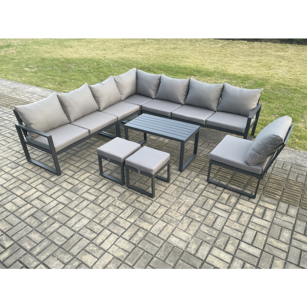 Fimous Aluminium 10 Seater Patio Outdoor Garden Furniture Lounge Corner Sofa Set with Oblong Coffee Table 2 Small Footstools Dark Grey