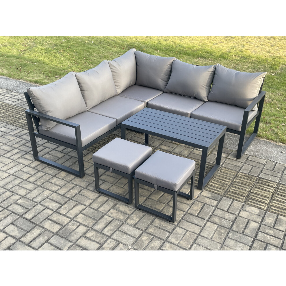 Fimous Dark/Grey Aluminium Outdoor Garden Furniture Set Lounge Sofa Oblong Coffee Table Sets With 2 Small Footstools Indoor Conservatory Set - Image 2