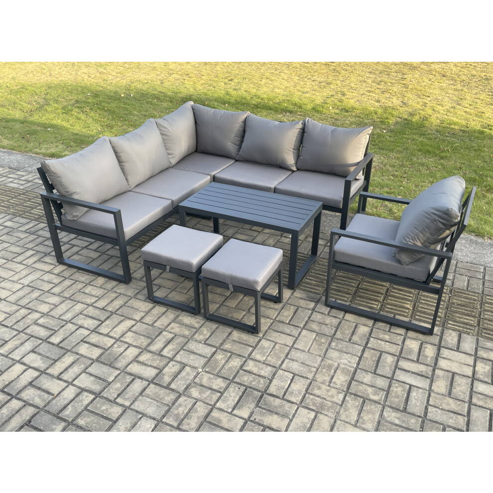 Fimous Unisex Dark Grey Aluminium Outdoor Garden Furniture Set Lounge Sofa Oblong Coffee Table Sets With Chair 2 Footstools Indoor Conservatory Set Small - Image 3