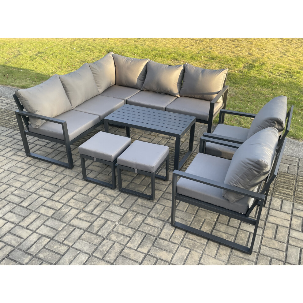 Fimous 9 Seater Aluminium Outdoor Garden Furniture Set Patio Lounge Sofa with Oblong Coffee Table 2 Small Footstools Dark Grey-image-OPC-PDPF5V6-NEW