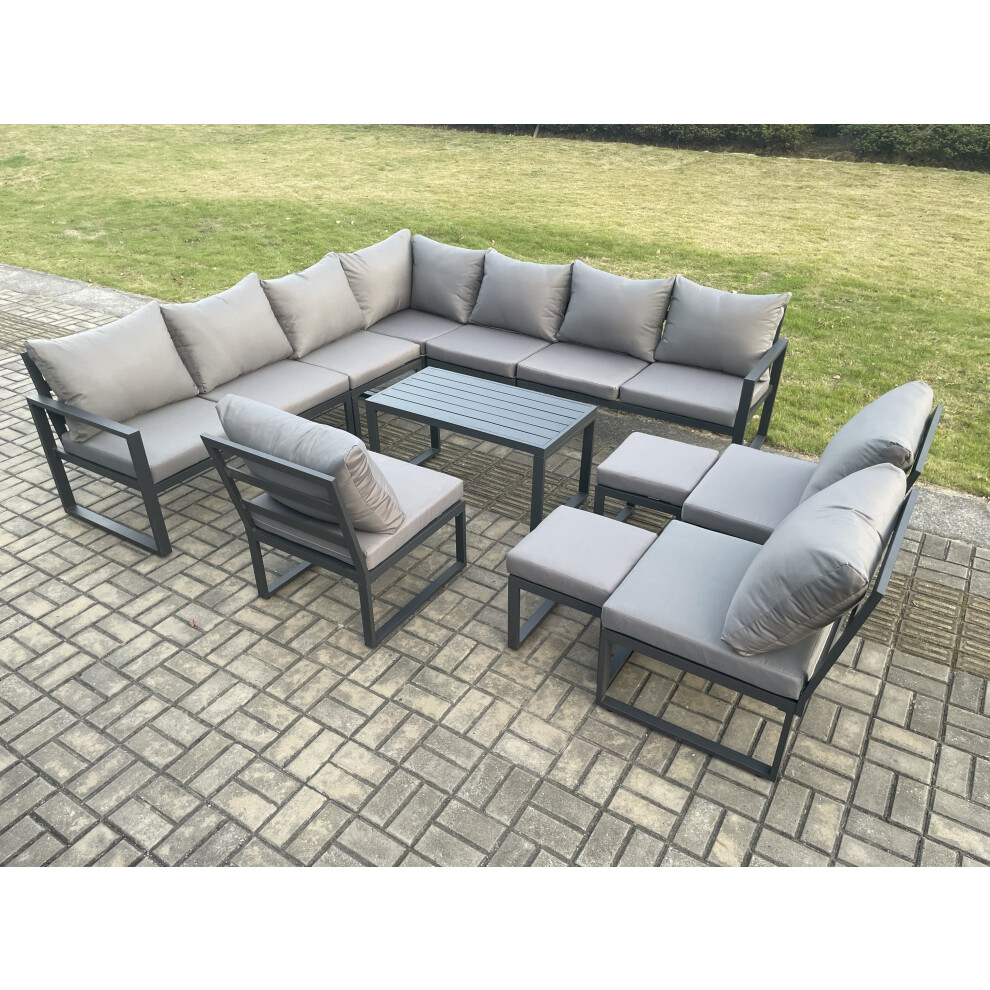 Fimous Unisex Dark Grey Aluminium Outdoor Garden Furniture Set Patio Lounge Sofa With Oblong Coffee Table 2 Footstools Small - Image 3