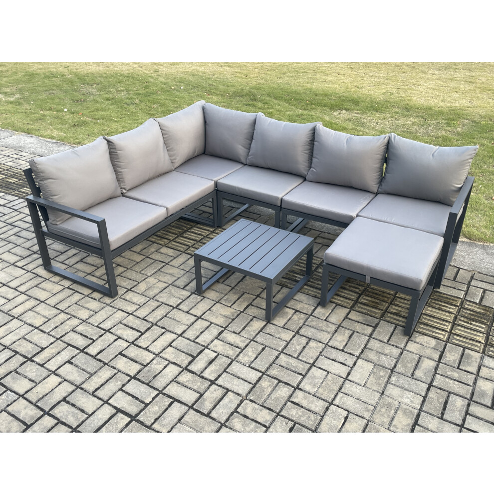 Fimous Unisex Dark Grey Seater Aluminium Garden Furniture Set Outdoor Lounge Corner Sofa Square Coffee Table Sets With Big Footstool Size 7 - Image 2