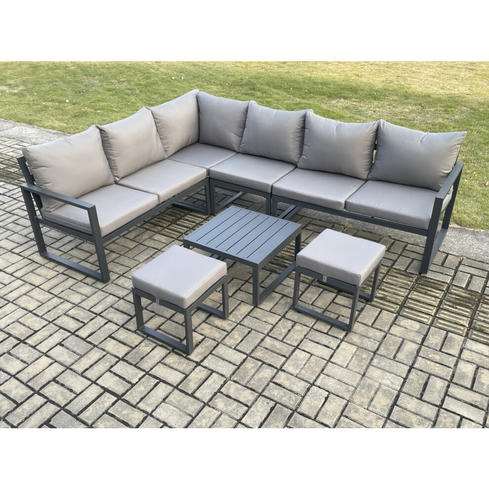 Fimous 8-Seater Aluminium Garden Set Corner Sofa Coffee Table & 2 Stools - Image 3