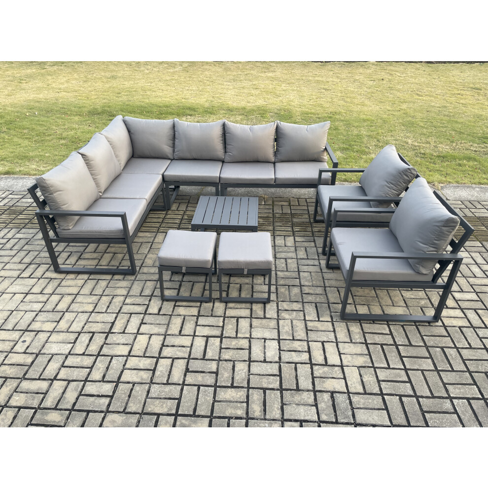Fimous 10 Seater Aluminium Garden Furniture Set Outdoor Lounge Corner Sofa 2 Pcs Chair Square Coffee Table Sets with 2 Small Footstools Dark Grey-image-OPC-PDPF5WG-NEW