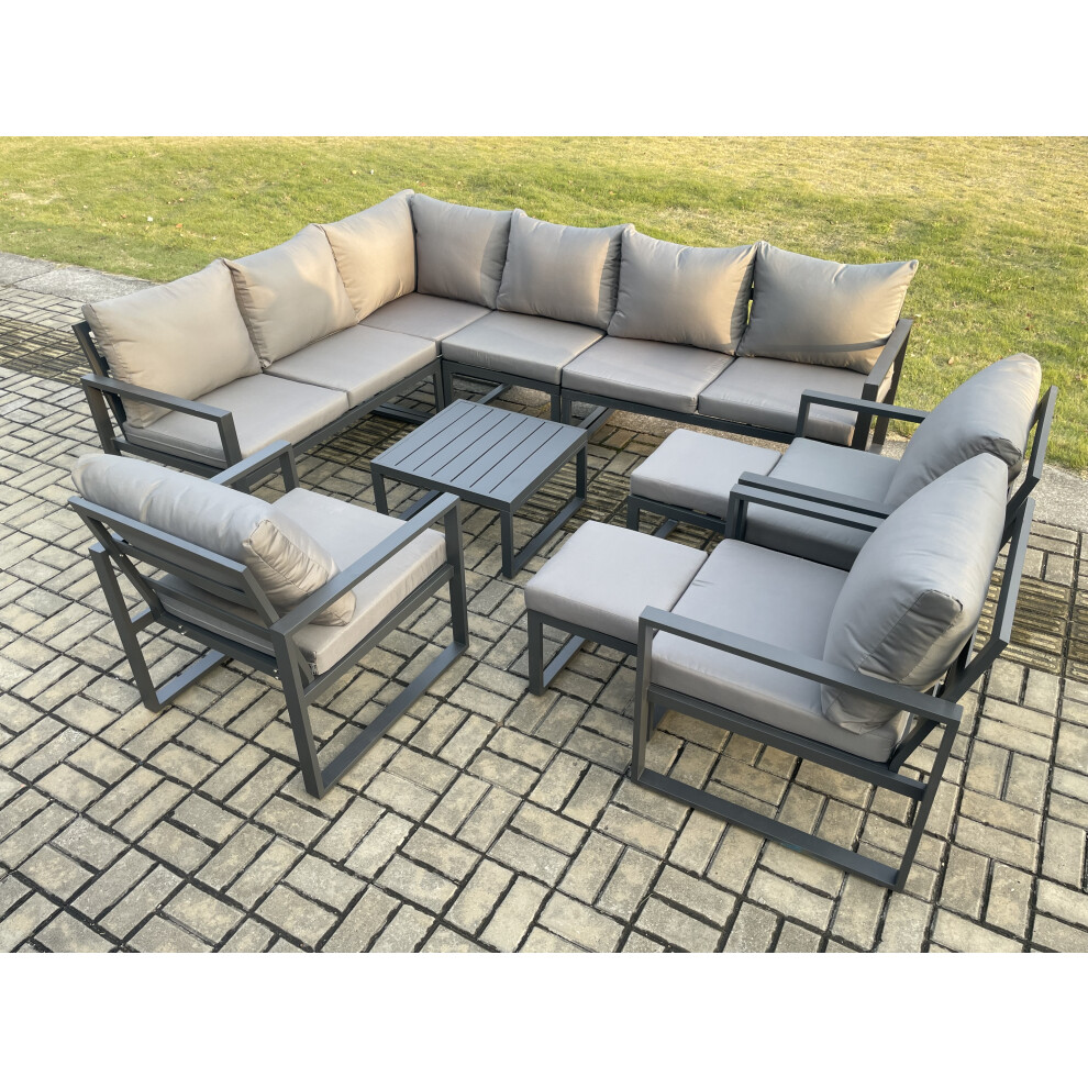 Fimous Unisex Dark Grey 11 Seater Aluminium Garden Furniture Set Outdoor Lounge Corner Sofa 3 Pcs Chair Square Coffee Table Sets With 2 Footstools Small - Image 3