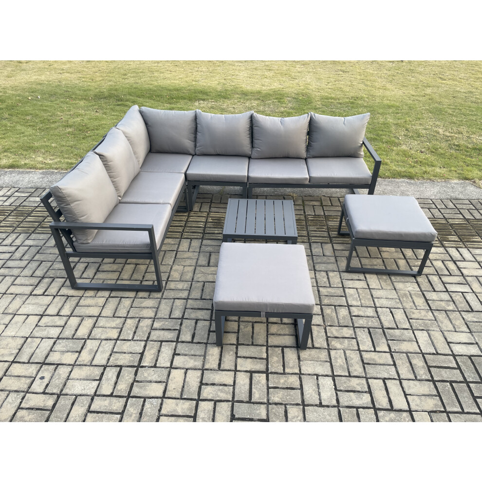Fimous Unisex Dark Grey Seater Outdoor Lounge Corner Sofa Set Aluminum Garden Furniture Sets With Square Coffee Table 2 Big Footstool Size 8 - Image 3