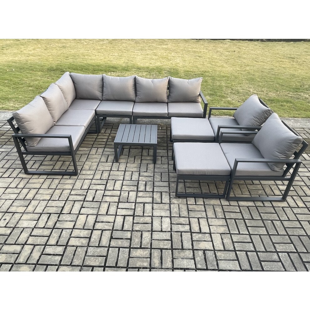 Rackhams Dark/Grey 10 Seater Outdoor Lounge Corner Sofa Set Aluminum Garden Furniture Sets With Square Coffee Table 2 Chairs 2 Big Footstool - Image 2
