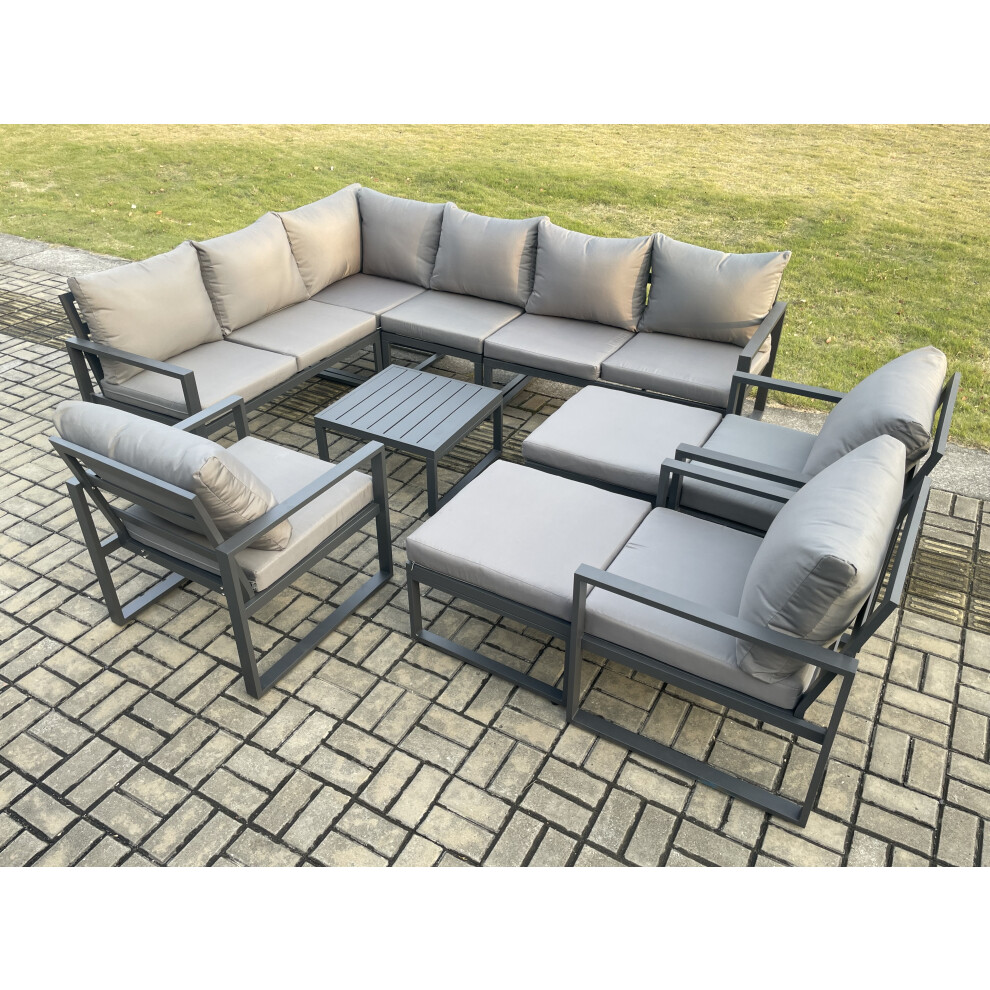 11 Seater Outdoor Lounge Corner Sofa Set Aluminum Garden Furniture Sets with Square Coffee Table 3 Chairs 2 Big Footstools Dark Grey