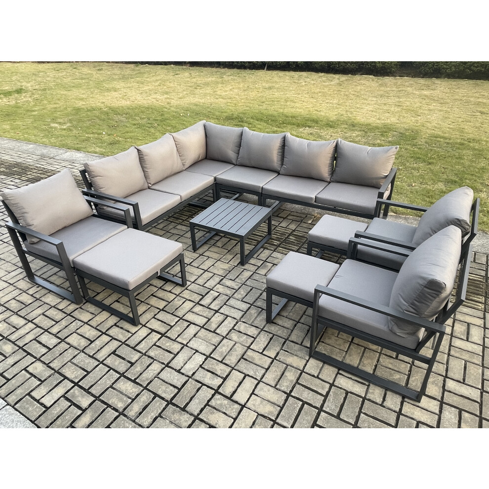 Fimous 12 Seater Outdoor Lounge Corner Sofa Set Aluminum Garden Furniture Sets with Square Coffee Table 3 Chairs 3 Footstools Dark Grey-image-OPC-PDPF5WS-NEW