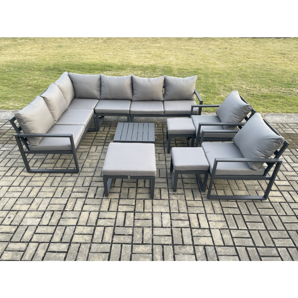 Rackhams Dark/Grey 11 Seater Outdoor Lounge Corner Sofa Set Aluminium Garden Furniture Sets With Square Coffee Table 2 Chairs 3 Footstools - Image 3