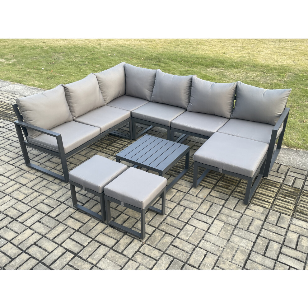 Fimous Dark/Grey 9 Seater Outdoor Lounge Corner Sofa Set Aluminium Garden Furniture Sets With Square Coffee Table 3 Footstools - Image 3