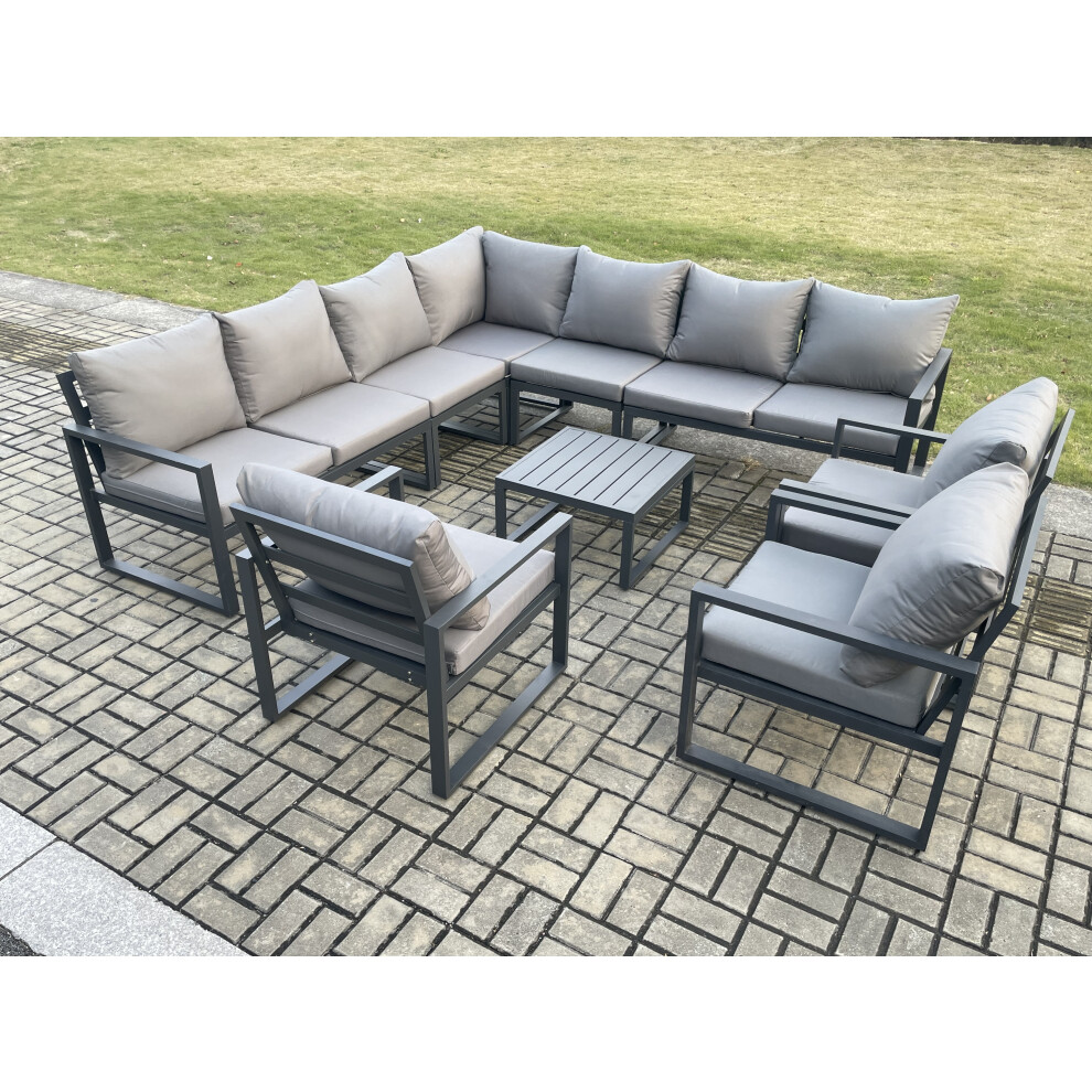 Fimous Dark/Grey Outdoor Garden Furniture Patio Lounge Corner Sofa Aluminium Set With Square Coffee Table 3 Pcs Arm Chairs - Image 3