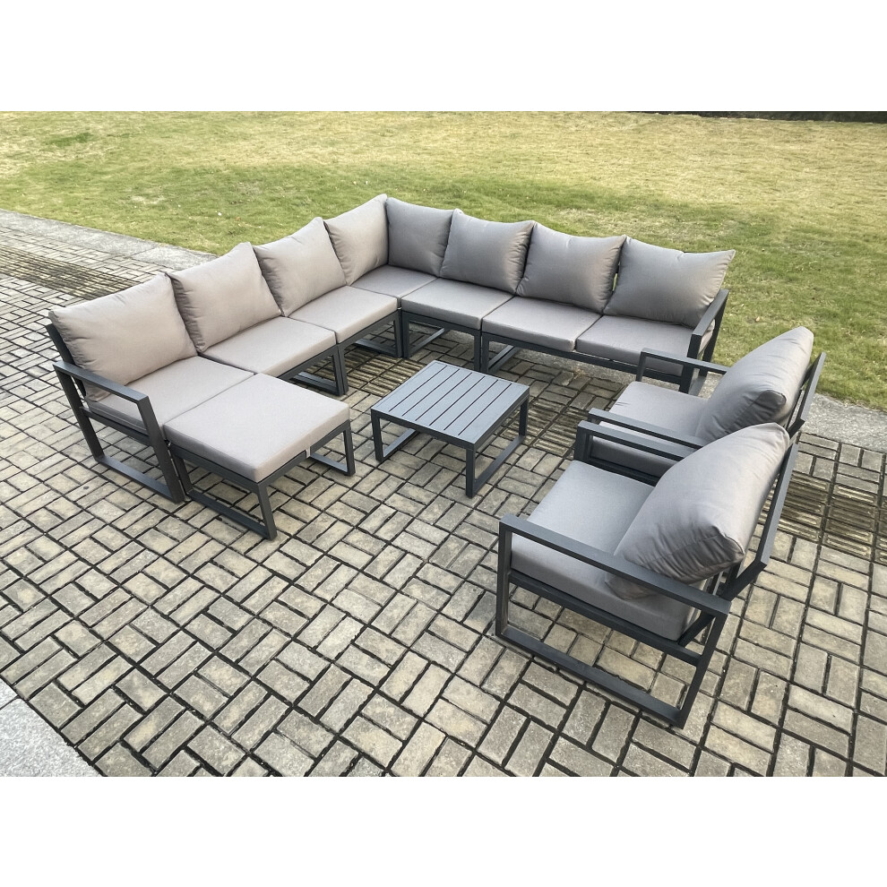 Fimous Dark/Grey Outdoor Garden Furniture Patio Lounge Corner Sofa Aluminium Set With Square Coffee Table Big Footstool 2 Chair - Image 3