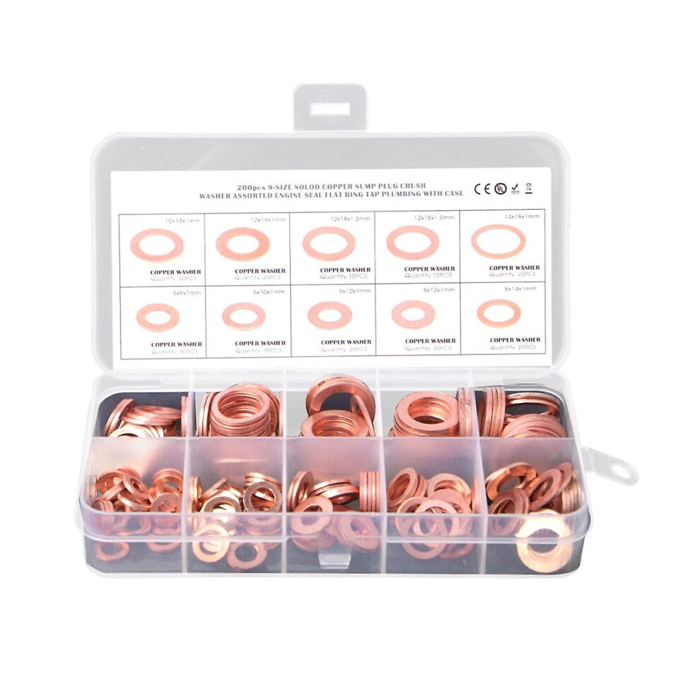 200Pcs O Ring Copper Metric Washers Assortment Kit Flat Sealing Washer 9 Sizes M6 M8 M10 M12 M14 9152243087360