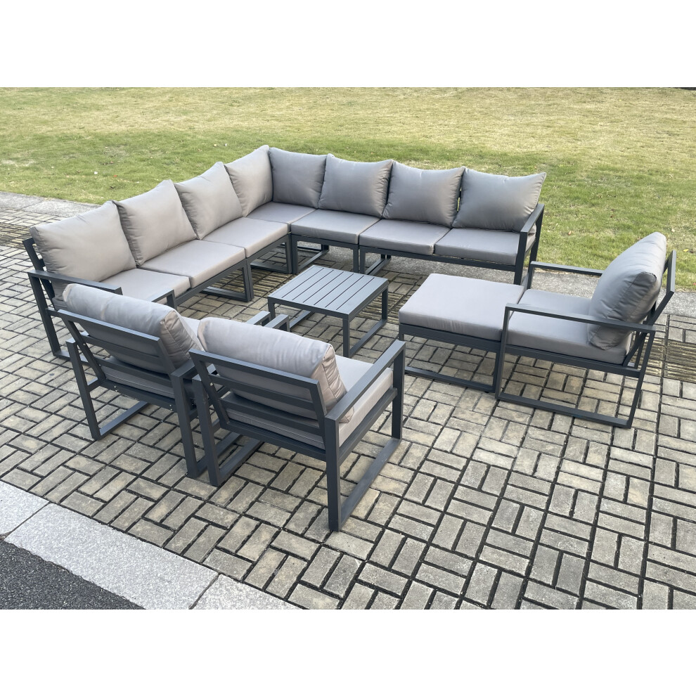 Fimous Dark/Grey Outdoor Garden Furniture Patio Lounge Corner Sofa Aluminium Set With Square Coffee Table Big Footstool 3 Chair - Image 3