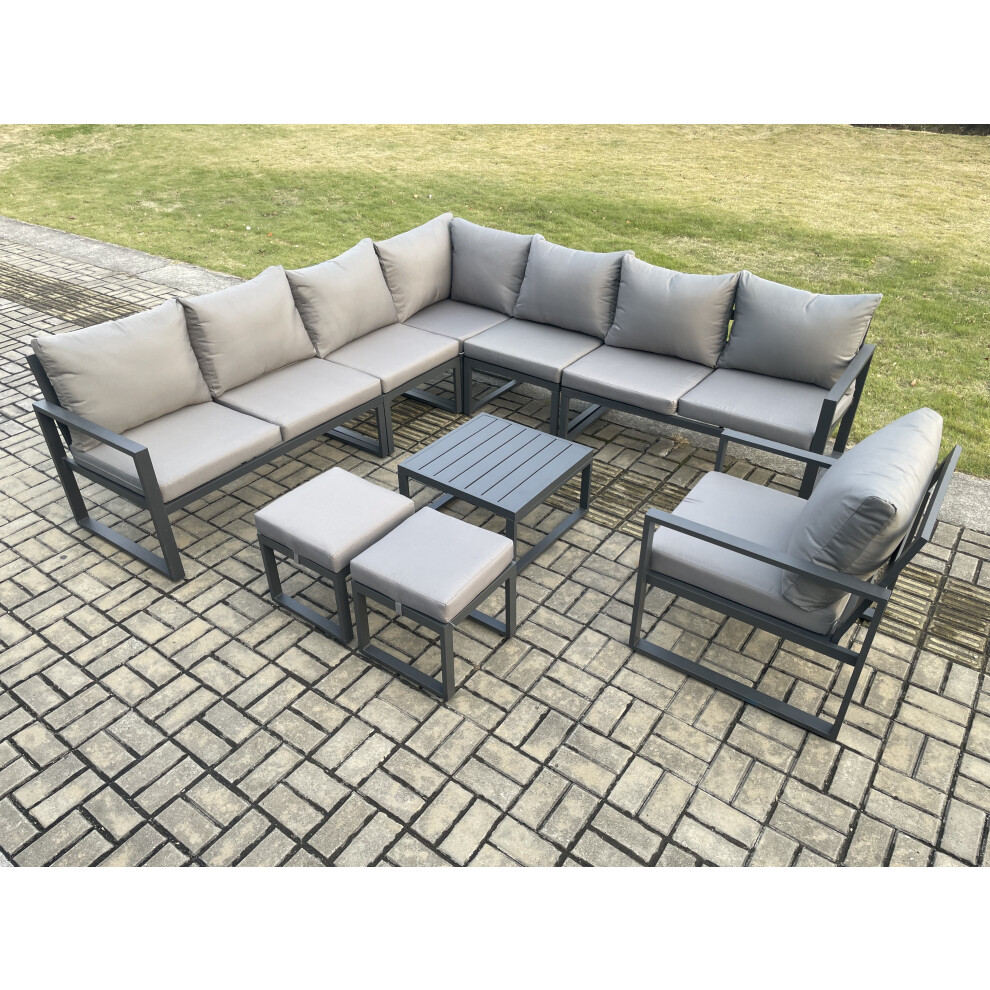 Rackhams Dark/Grey Aluminium Outdoor Garden Furniture Set Lounge Corner Sofa Chair Square Coffee Table Sets With 2 Small Footstools - Image 3