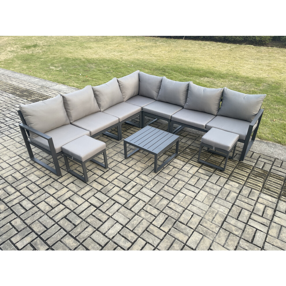 Rackhams Dark/Grey Outdoor Garden Furniture Patio Lounge Corner Sofa Aluminium Set With Square Coffee Table 2 Small Footstools - Image 2