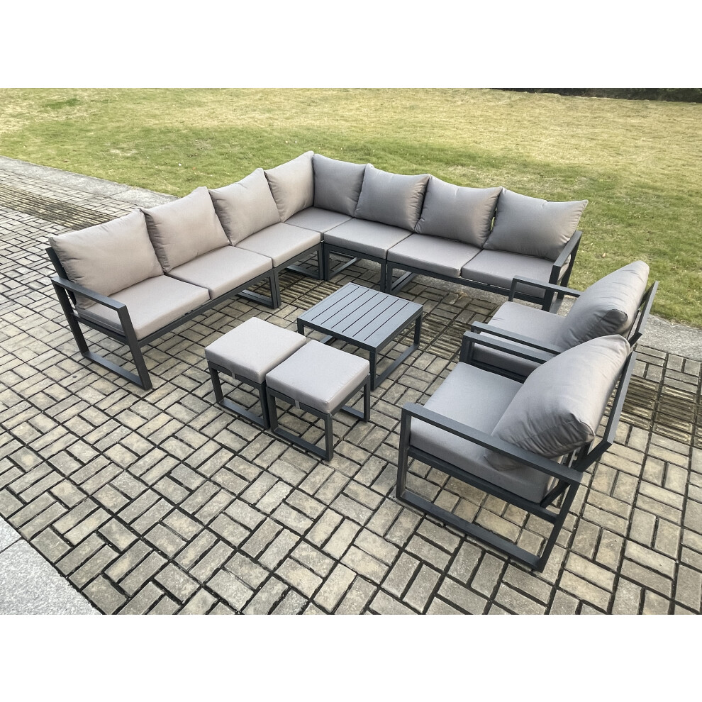 Fimous Dark/Grey Aluminium Outdoor Garden Furniture Set Lounge Corner Sofa 2 Pcs Chair Square Coffee Table Sets With 2 Small Footstools - Image 3