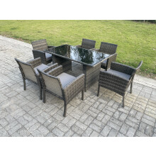 Fimous Wicker PE Outdoor Rattan Garden Furniture Arm Chair And Table Dining Sets 6 Seater Rectangular Table Dark Grey Mixed