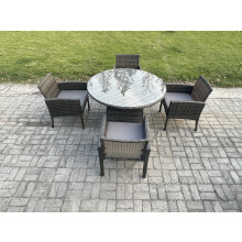 Fimous Wicker PE Outdoor Rattan Garden Furniture Arm Chair And Table Dining Sets 4 Seater Medium Round Table Dark Grey Mixed