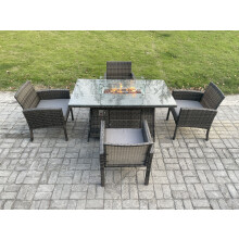 Fimous Outdoor Rattan Garden Furniture Set Gas Fire Pit Rectangular Table Sets Gas Heater with 4 Seater Dining Chairs Dark Grey Mixed