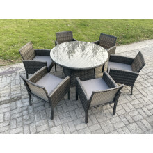 Fimous Wicker PE Outdoor Rattan Garden Furniture Arm Chair And Table Dining Sets 6 Seater Large Round Table Dark Grey Mixed