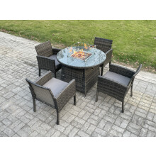 Fimous Outdoor Rattan Garden Furniture Set Gas Fire Pit Round Table Sets Gas Heater with 4 Seater Dining Chairs Dark Grey Mixed