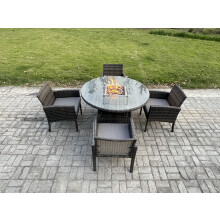 Fimous Outdoor Rattan Garden Furniture Set Gas Fire Pit Round Table Sets Gas Heater with 4 Seater Dining Chairs Dark Grey Mixed