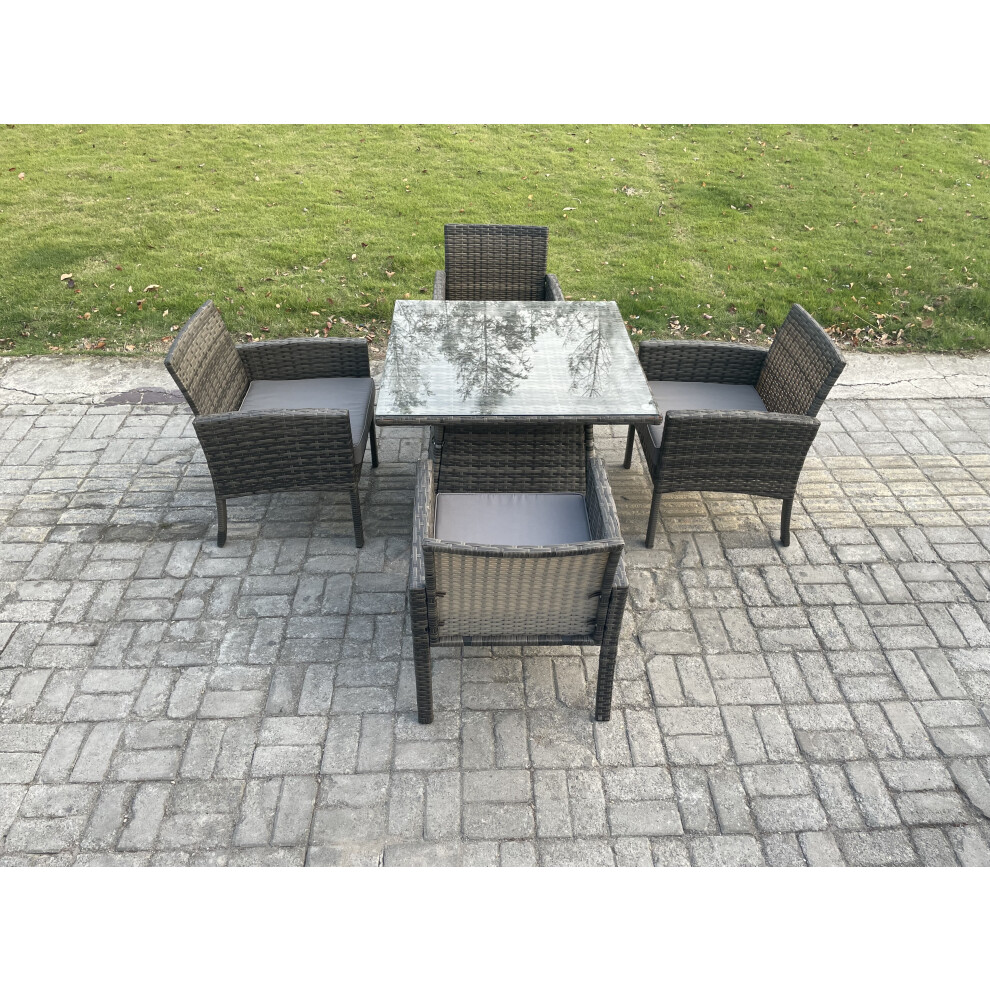 Fimous Wicker PE Outdoor Rattan Garden Furniture Arm Chair And Table Dining Sets 4 Seater Square Dining Table Dark Grey Mixed