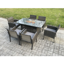 Fimous Outdoor Rattan Garden Furniture Set Gas Fire Pit Rectangular Table Sets Gas Heater with 6 Seater Dining Chairs Dark Grey Mixed