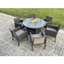 Fimous Outdoor Rattan Garden Furniture Set Gas Fire Pit Round Table Sets Gas Heater with 6 Seater Dining Chairs Dark Grey Mixed