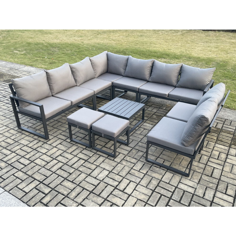 Fimous Unisex Dark Grey 11 Seater Patio Outdoor Garden Furniture Aluminium Lounge Corner Sofa Set With Square Coffee Table With 2 Footstools Small - Image 2
