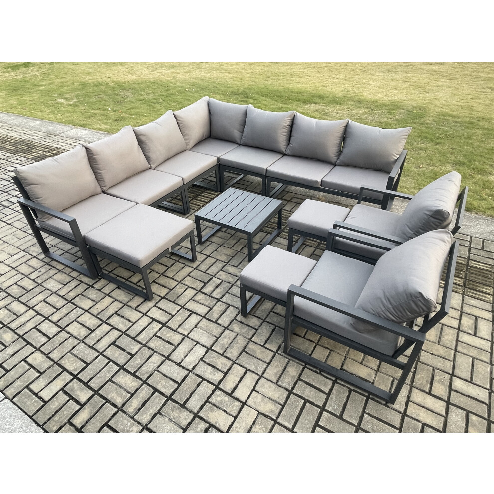Fimous Dark/Grey Aluminium Outdoor Garden Furniture Set Lounge Corner Sofa Square Coffee Table 2 Pcs Chair Sets With 3 Footstools - Image 3