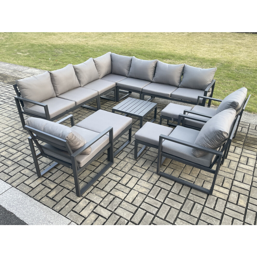 Fimous Unisex Dark Grey Seater Outdoor Garden Furniture Set Aluminium Lounge Corner Sofa Square Coffee Table 3 Pcs Chair Sets With 3 Footstools In Size 13 - Image 3
