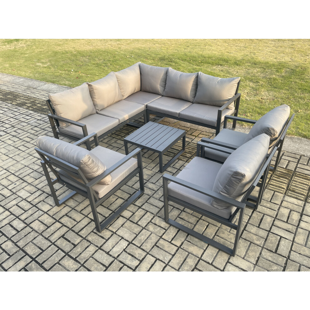 Rackhams Dark/Grey 8 Seater Outdoor Aluminium Garden Furniture Set Corner Lounge Sofa Set With Square Coffee Table Chair - Image 3