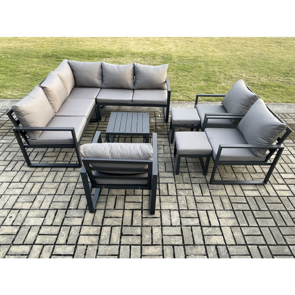 Fimous 10 Seater Outdoor Aluminium Garden Furniture Set Corner Lounge Sofa Set with Square Coffee Table Chair 2 Small Footstools Dark Grey