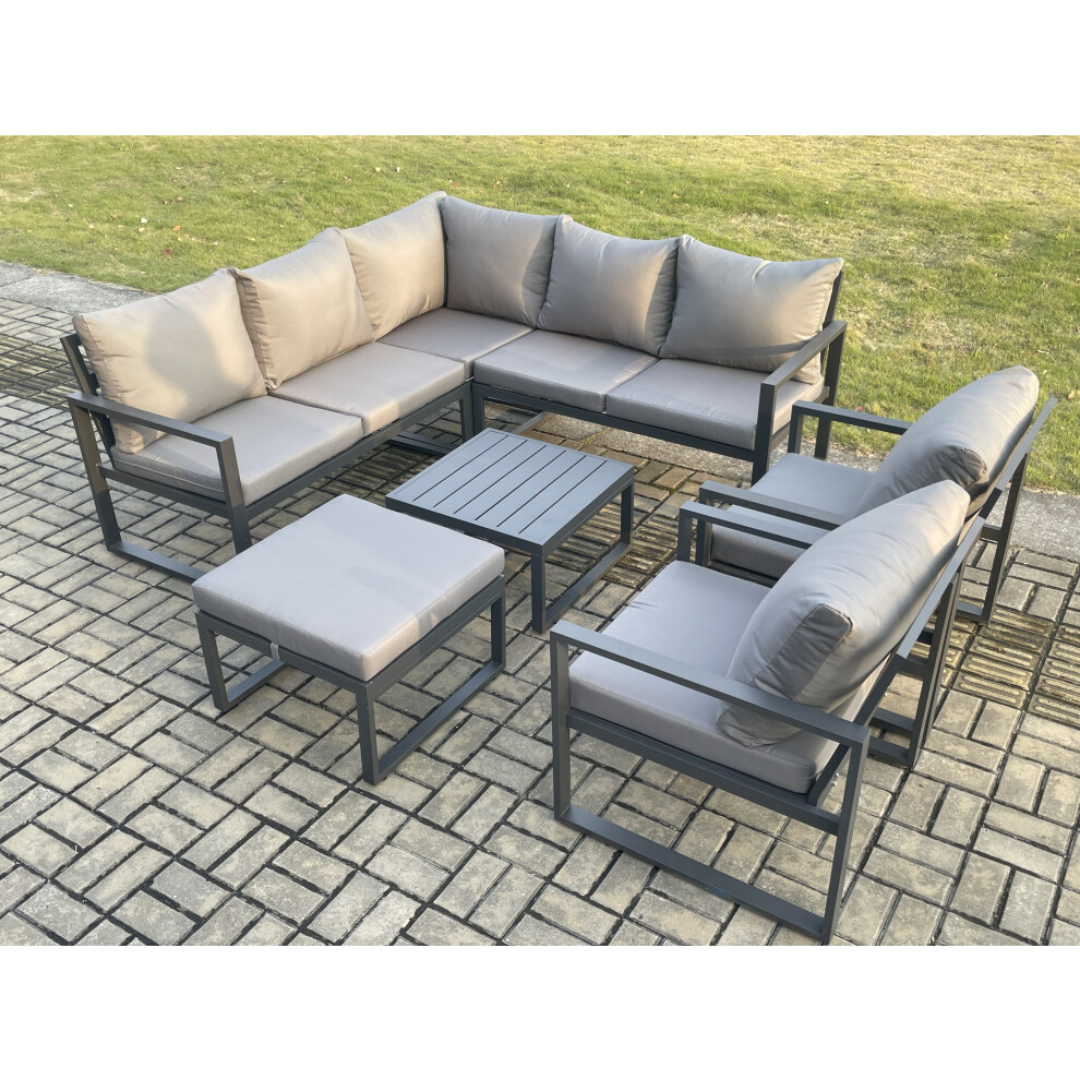 B&Q - Outdoor Garden Furniture Set Aluminium Lounge Sofa Sets With 2 Pcs Chair Big Footstool Indoor Conservatory Set Dark Grey - Image 3