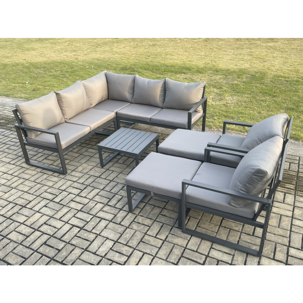 Fimous Dark/Grey 9 Seater Outdoor Aluminium Garden Furniture Set Corner Lounge Sofa Set With Square Coffee Table 2 Big Footstools - Image 3