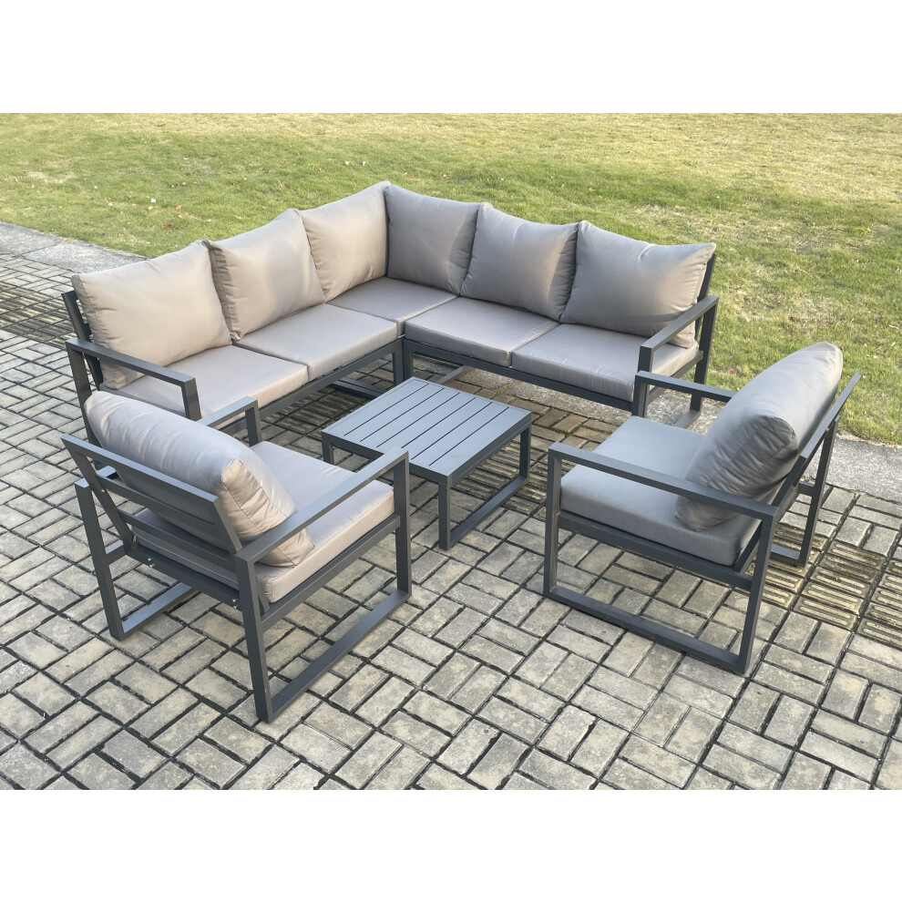 Rackhams Dark/Grey Outdoor Garden Furniture Set Aluminium Lounge Sofa Square Coffee Table Sets With 2 Pcs Chair Indoor Conservatory Set - Image 3