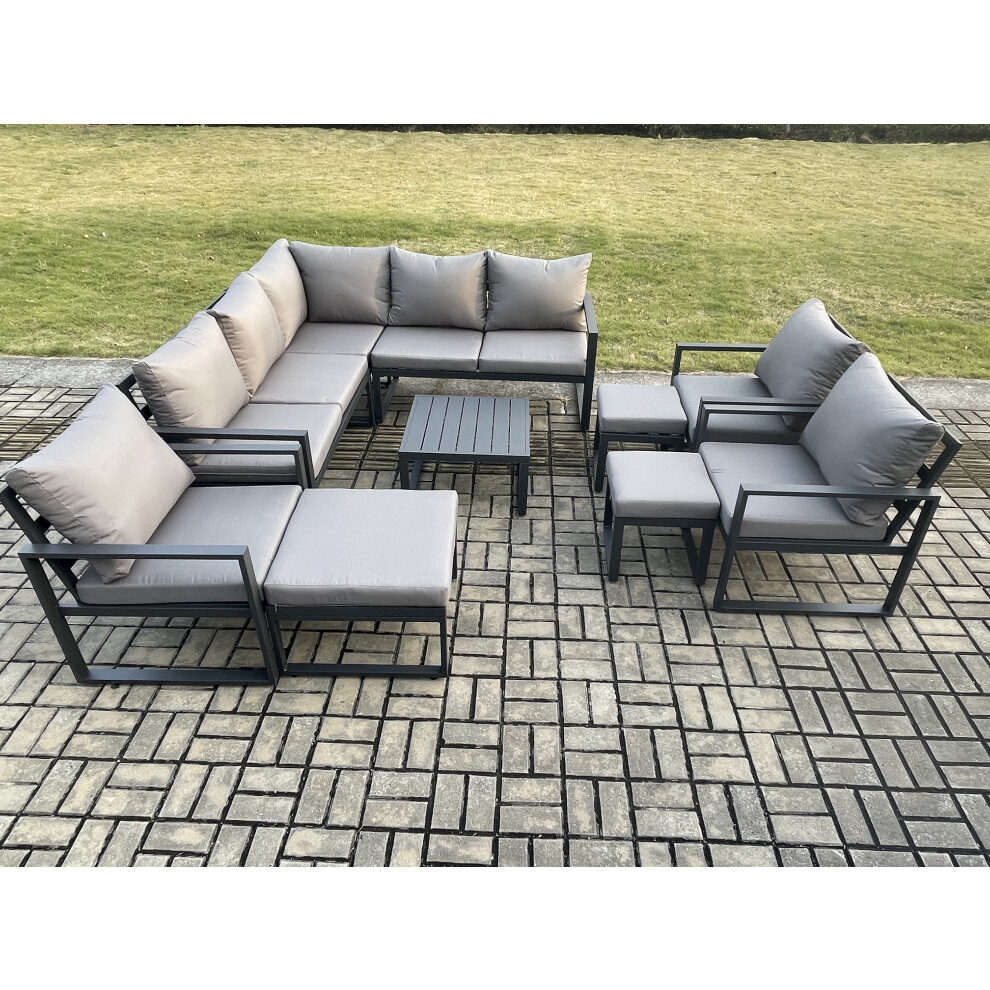 Fimous 11 Seater Outdoor Aluminium Garden Furniture Set Corner Lounge Sofa Set with Square Coffee Table Chair 3 Footstools Dark Grey-image-OPC-PDPF68X-NEW
