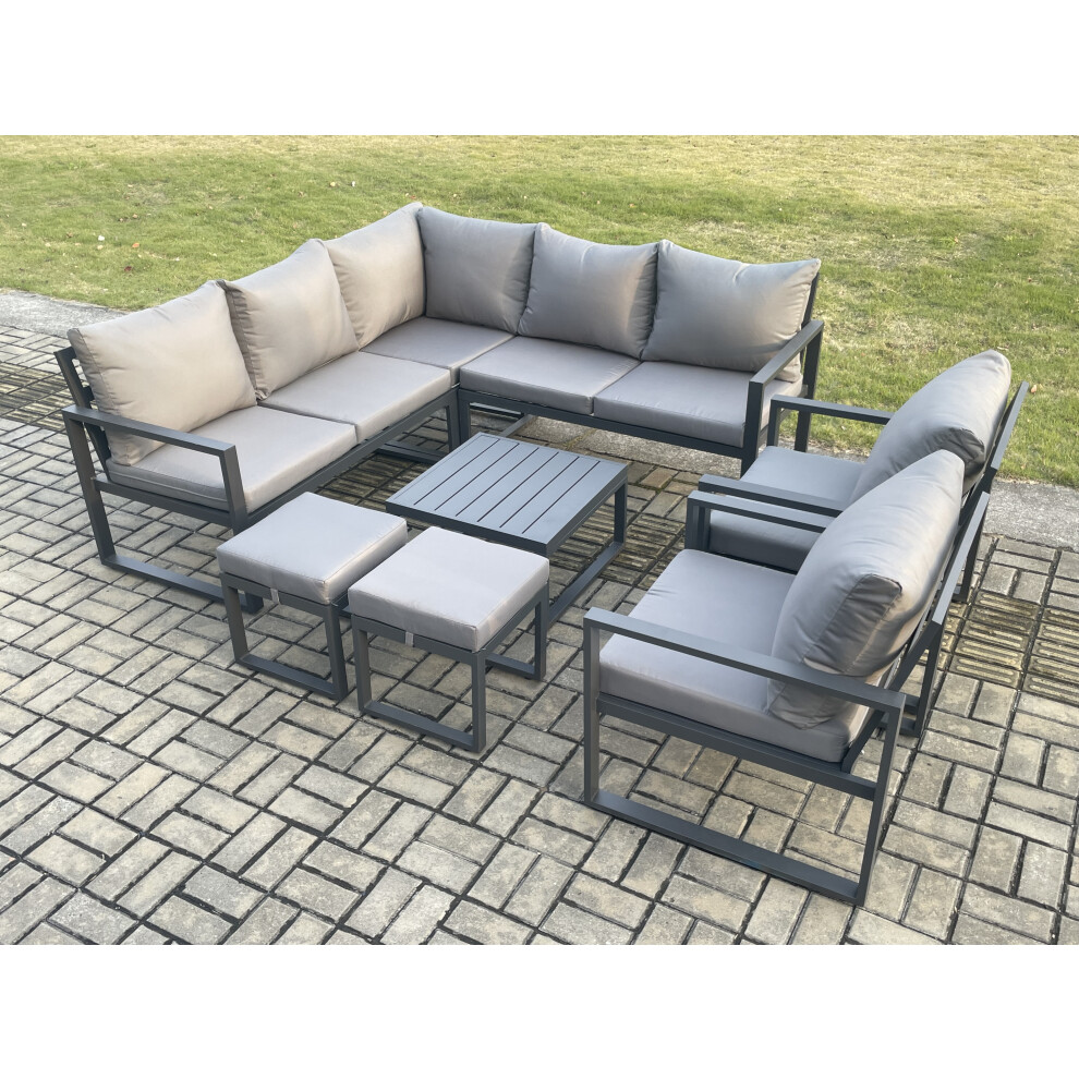 Fimous 9 Seater Outdoor Aluminium Garden Furniture Set Corner Lounge Sofa Set with Square Coffee Table 2 Small Footstools Dark Grey-image-OPC-PDPF69D-NEW
