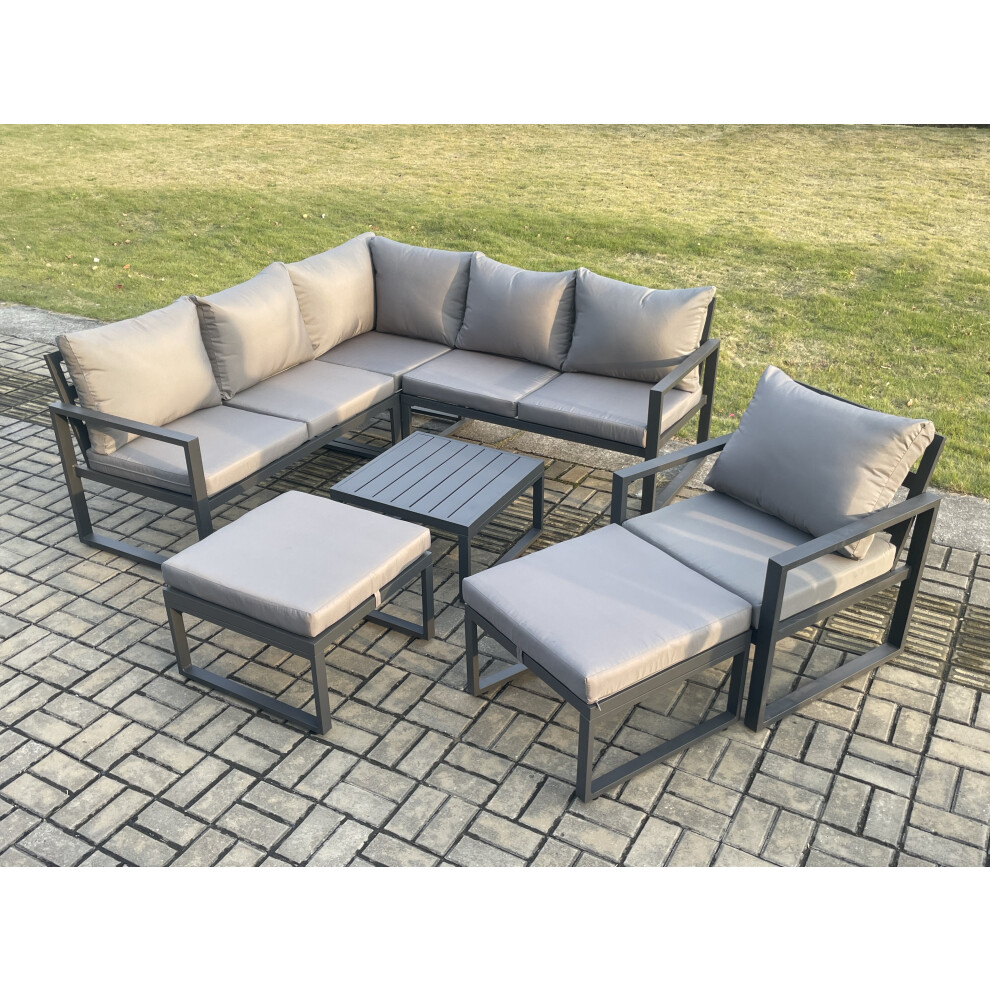 Fimous Dark/Grey Outdoor Garden Furniture Set Aluminium Lounge Sofa Square Coffee Table Sets With Chair 2 Big Footstools Indoor Conservatory Set - Image 3